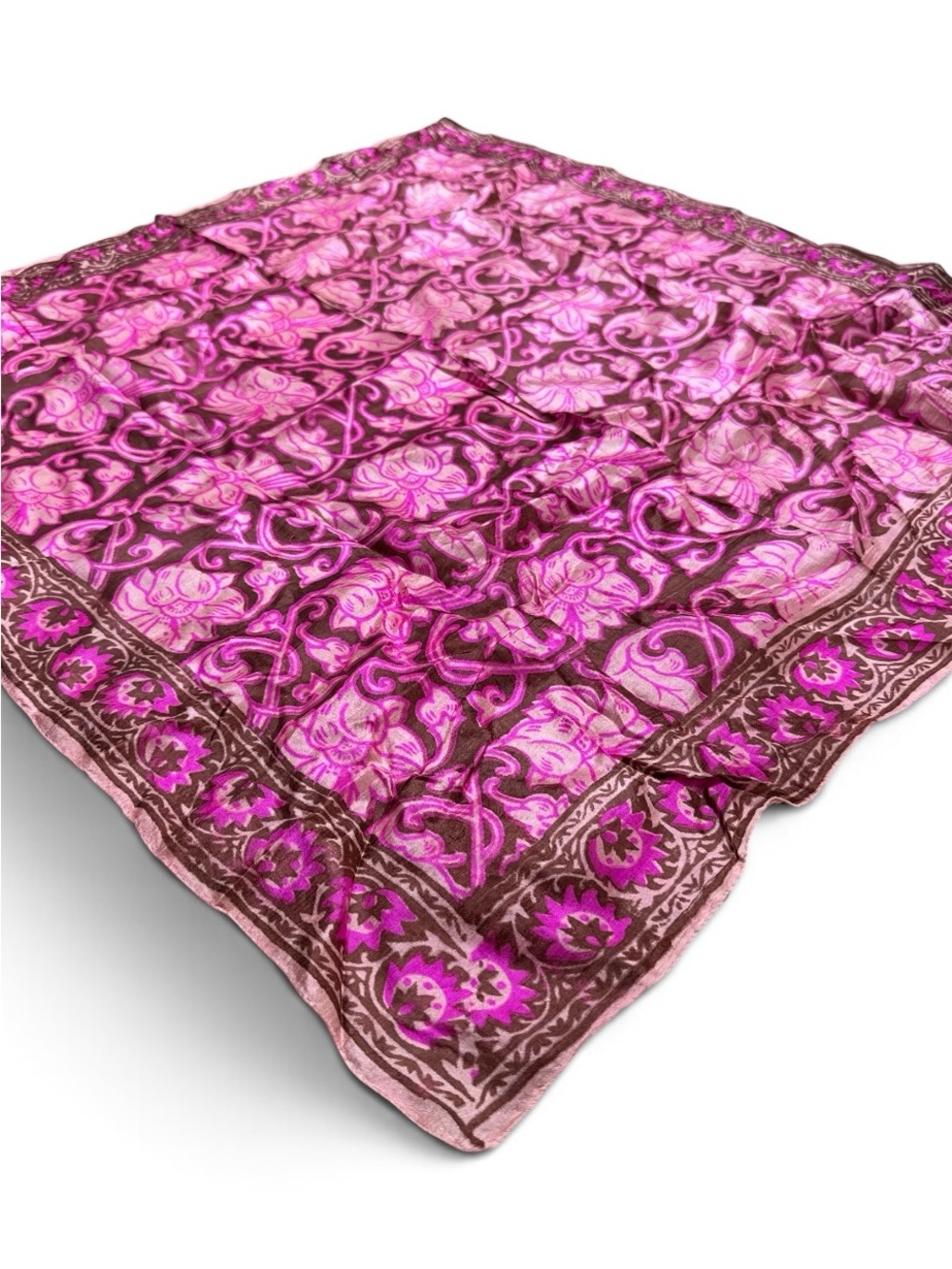 Vintage 90s 100% Silk Scarf India Pink Brown Floral Square 29x29